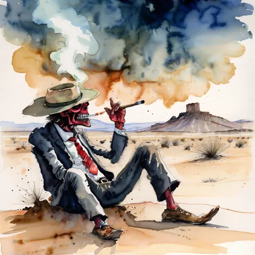 Prompt: demon smoking cigar in desert, oaxaca, ralph steadman style watercolor

