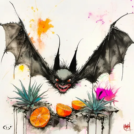 Prompt: bat holding mezcal in oaxaca agave, ralph steadman watercolor style