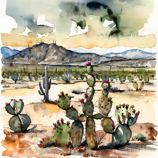 Prompt: prickly pear with mezcal agave field oaxaca desert, ralph steadman style watercolor
