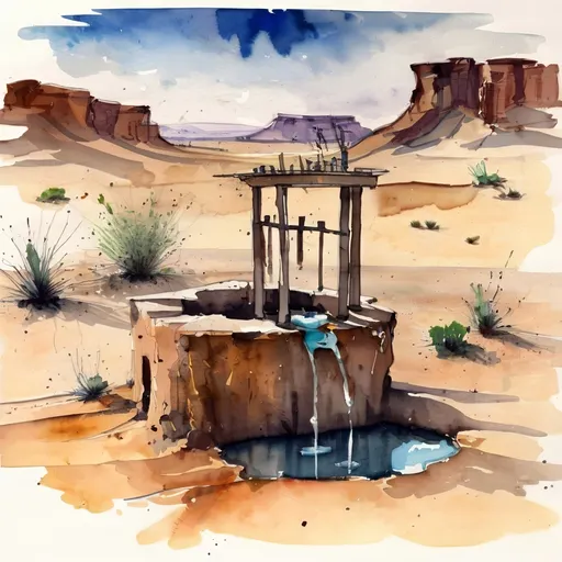 Prompt: small well oasis in desert, ralph steadman style watercolor