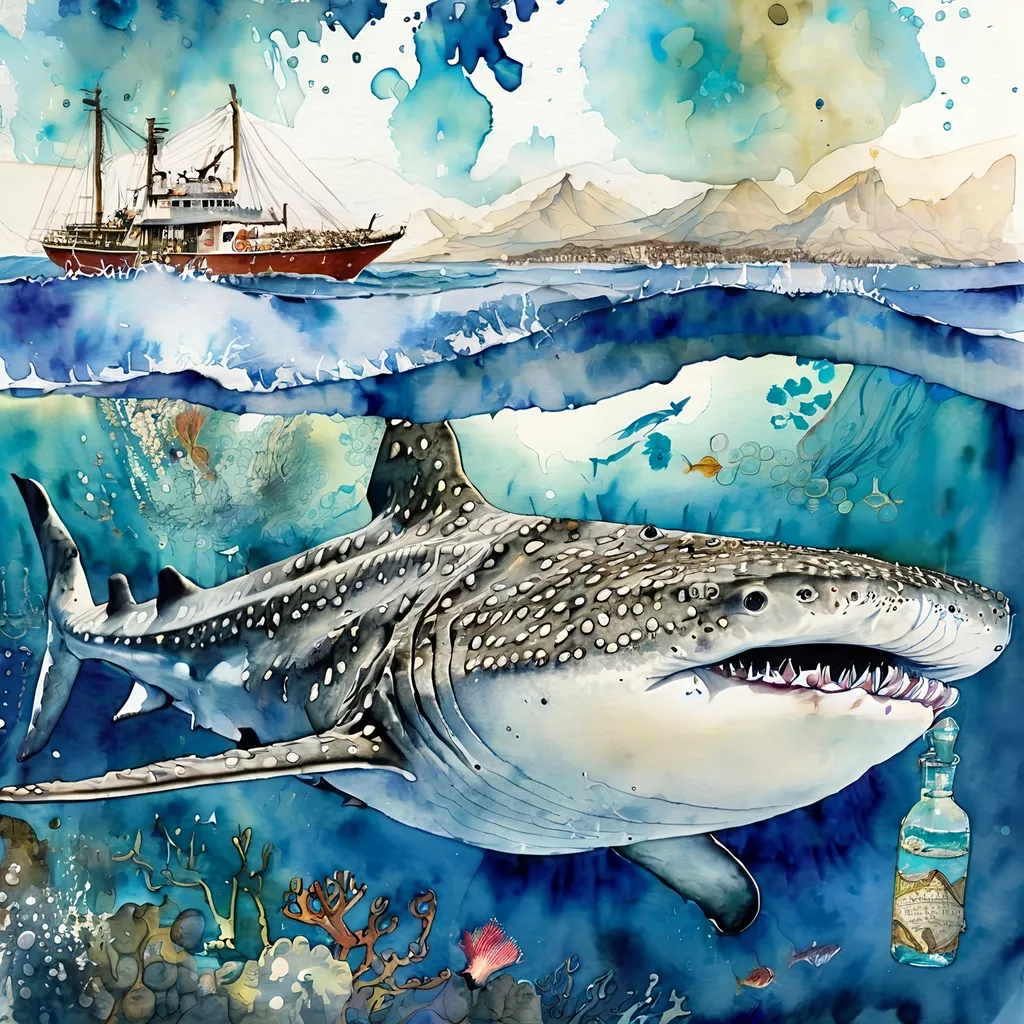 Prompt: whaleshark in ocean in oaxaca with mezcal, ralph steadman style watercolor