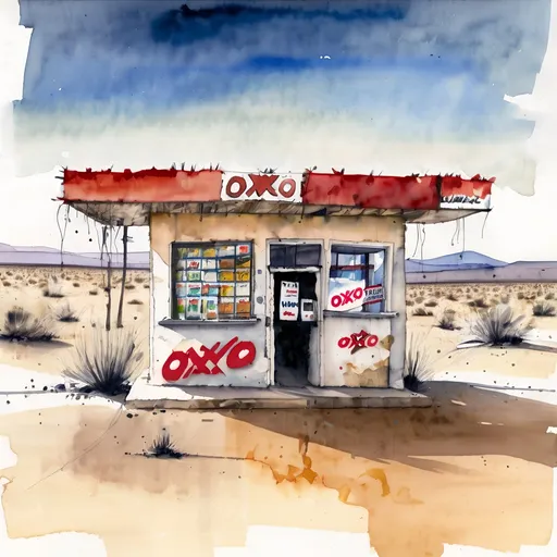 Prompt: oxxo convenience abandoned store in middle of desert, oaxaca, ralph steadman style watercolor