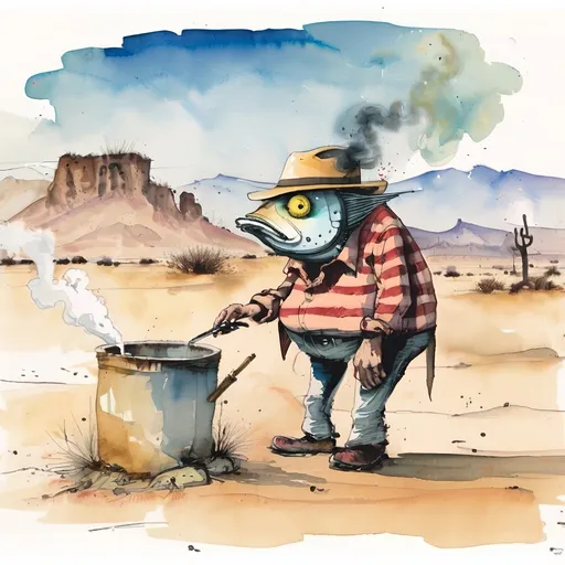 Prompt: fish smoking cigarette in desert oaxaca, ralph steadman watercolor style