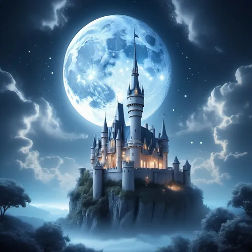 Prompt: (castle shaped like a moon), fantastical architecture, ethereal glow, soft silver and blue hues, delicate details, serene ambiance, surrounded by wispy clouds, enchanting night sky, starlit backdrop, high quality, ultra-detailed, dreamy atmosphere, vibrant yet soothing lighting, a surreal fairytale setting.