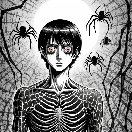 Prompt: Junji Ito manga style, man made of spiders