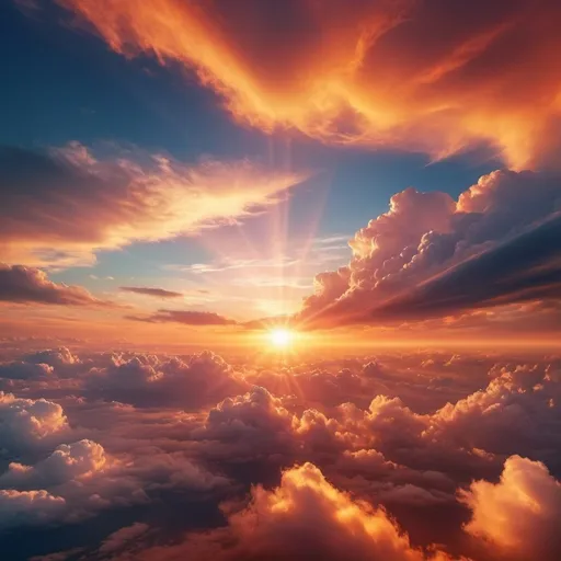 Prompt: Generate me a photo of the most beautiful sky that contains clouds and a bright sun at sunset, also that the clouds have a blue aura