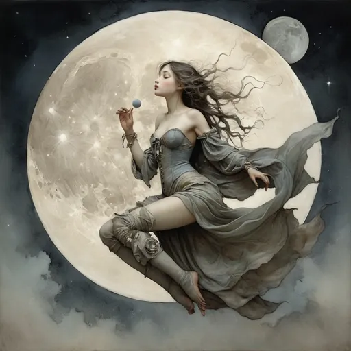 Prompt: (art nouveau style), painting of a Jean-Baptiste Monge woman, muted color scheme, ethereal ambiance, portrait emerging from a moon, one leg extending out of the frame, other leg intricately positioned within the frame, captivating expression, enchanting details, soft textures, dreamlike composition, harmonious contrast, high quality, ultra-detailed craftsmanship, mystical lighting.