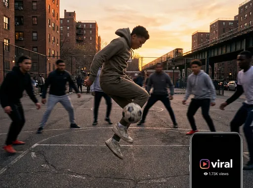 Prompt: Prompt:
Street football training at sunset, freestyle dribbling, fast footwork, urban background, cinematic camera movement, raw hustle vibe, viral sports edit.
