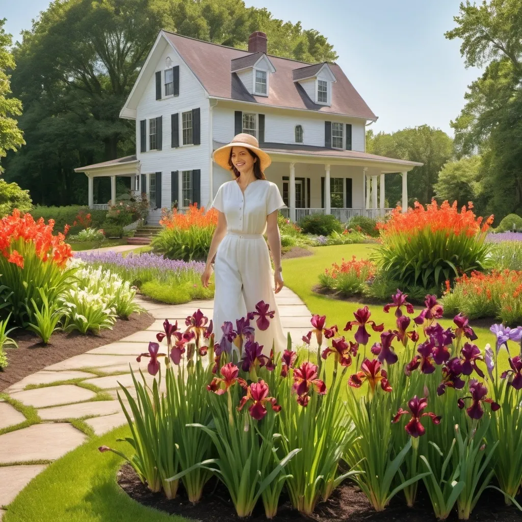 Prompt: A beautiful American house with a well-maintained garden in front. The garden features a prominent mound of Louisiana Red Iris plants in full bloom. A happy and relaxed woman is walking near the plants, enjoying the serene atmosphere. The scene is bright and peaceful, with the sun shining gently over the garden."