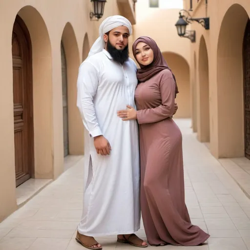 Prompt: full body picture of a beautiful curvy big chested hijabi gir in no-clothesl  embracing a man 