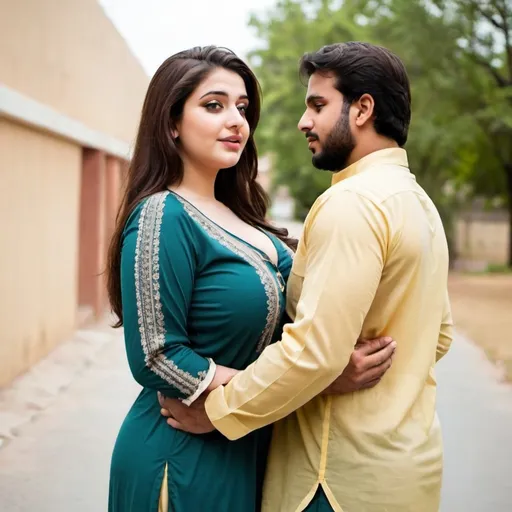 Prompt: curvy big chested girl in shalwar kameez embracing a man