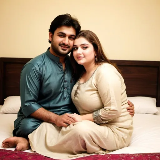 Prompt: full body picture of a beautiful chubby big chested shalwar kameez white girl in no-clothes embracing a man in bed in love-making