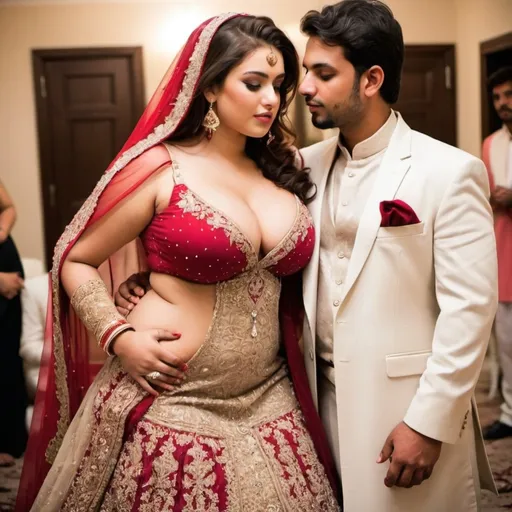 Prompt: naughty picture of a beautiful curvy big chested pakistani gir in revealing outfit in wedding embracing men
full body pic