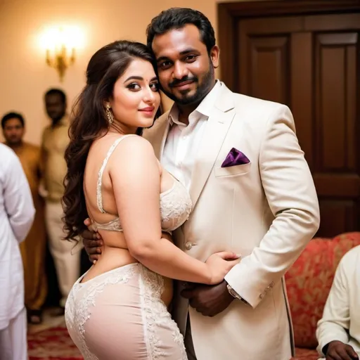 Prompt: naughty picture of a beautiful curvy big chested pakistani gir in revealing outfit in wedding intimately embracing an african man
full body pic