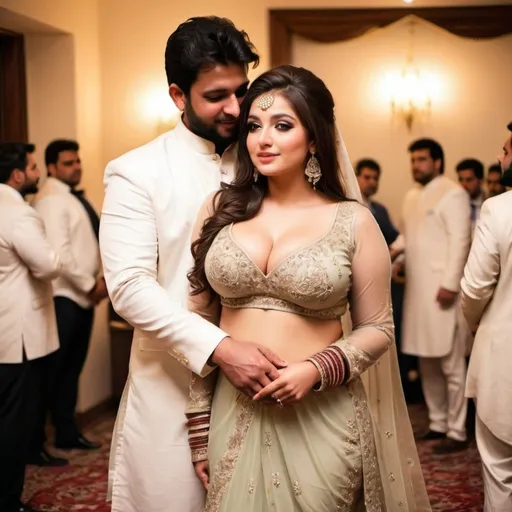 Prompt: naughty picture of a beautiful curvy big chested pakistani gir in revealing outfit in wedding embracing men
full body pic