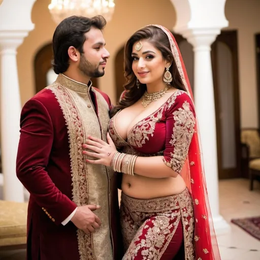 Prompt: naughty picture of a beautiful curvy big chested pakistani gir in revealing outfit in wedding embracing men
full body pic