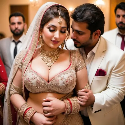 Prompt: naughty picture of a beautiful curvy big chested pakistani gir in revealing outfit in wedding embracing men
full body pic