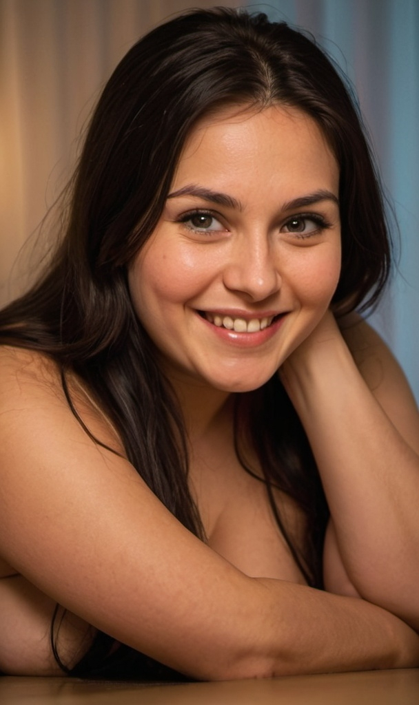 Prompt: The image shows a woman sitting and smiling at the camera. She has long dark hair, her eyes are looking directly at the camera. She is revealing her body, and is not wearing any clothes. Her figure is thick, and chest is big, she is chubby The background is blurred but suggests an indoor setting with warm lighting. She is revealing her ni-pples