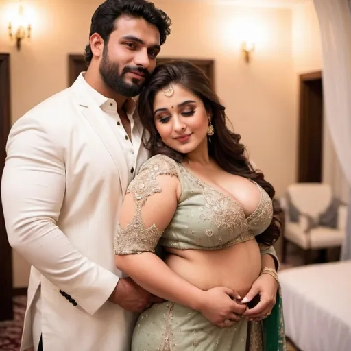 Prompt: naughty picture of a beautiful curvy big chested pakistani gir in revealing outfit in wedding intimately embracing and snuggling with muscular man
full body pic