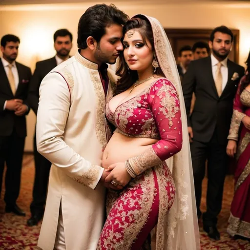 Prompt: naughty picture of a beautiful curvy big chested pakistani gir in revealing outfit in wedding embracing men
full body pic