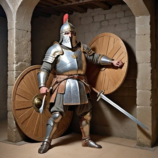 Prompt: Un guerrier en armure et bouclier frappant avec son épée un géant des collines dans une salle vaste entourée de mur en bois
