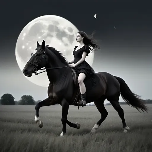 Prompt: a woman in a black dress riding a horse in a field with a half moon in the sky above, Ann Thetis Blacker, neo-romanticism, dark fantasy, a black and white photo