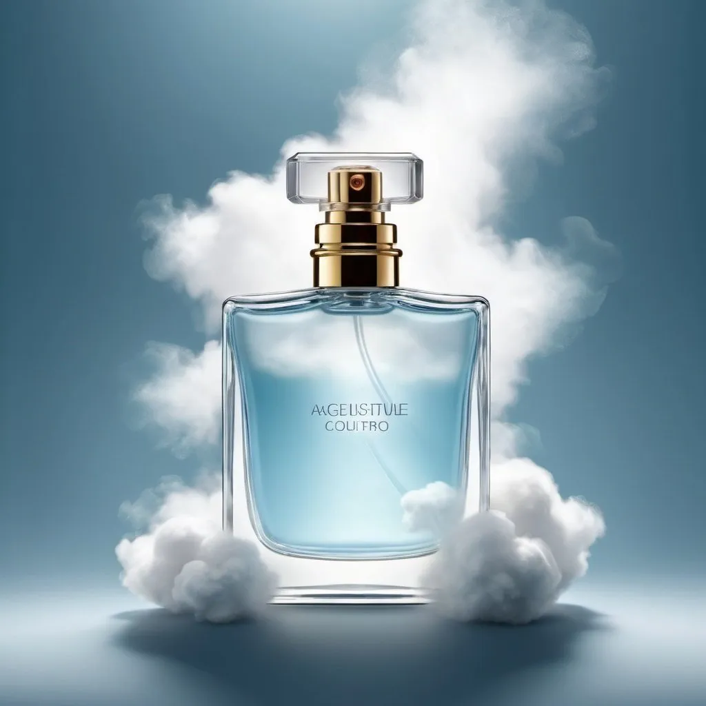 Prompt: a photorealistic advertisement perfume bottle with clouds and fog around with light blue and white colour 