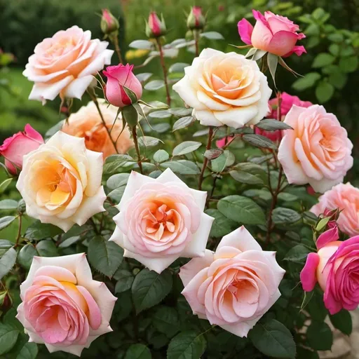 Prompt: create rose bush 2 tone in the garden 
