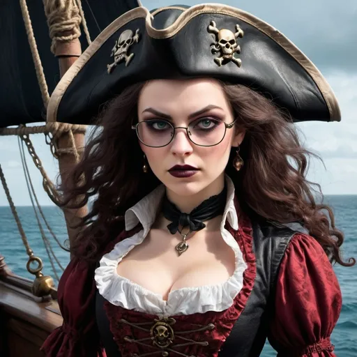 Prompt: In the shadowy corners of 18th-century England, a notorious female vampire roams the seas. Known for her dark round black glasses and the whip slung across her back, she commands a fearsome pirate crew. Write about her adventures, blending the mystique of vampirism with the daring life of a pirate. How does she balance her thirst for blood with her quest for treasure? What dark secrets lie behind her glasses? Explore her battles, alliances, and the eerie allure that makes her a legend of the high seas.