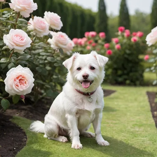 Prompt: little white dog sitting in the rose garden
