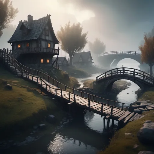 Prompt: small settlement, foggy, bridge and river, dramatic fantasy settlement scene, cinematic lighting