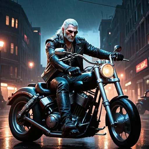 Prompt: Geralt of rivia with leather jacket and sunglasses sitting on a custom chopper in night city scape, rain