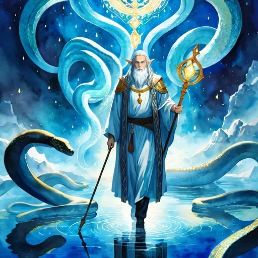 Prompt: Anime illustration of an old elf cleric holding the staff of python, walking on glowing blue lake, surrounded by the god of all pythons, highres, fantasy, detailed facial features, watercolor painting, ethereal glow, mythical creatures, ancient aura, serene atmosphere, vibrant colors, majestic lighting