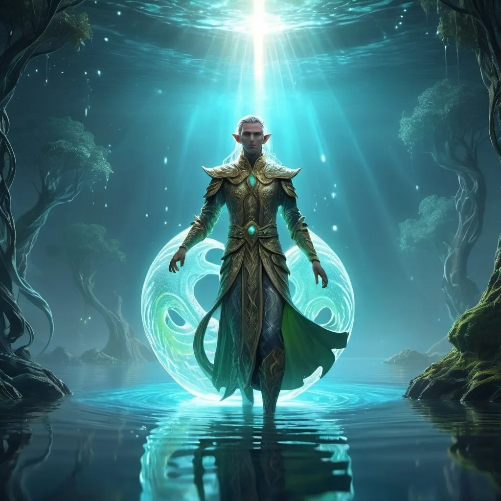 Prompt: Ethereal glowing lake, elf cleric walking on water, god of all pythons writhing restless in the water, mystical atmosphere, detailed character design, high fantasy, radiant lighting, surreal, mystical, 4k, ultra-detailed, fantasy, ethereal, detailed character, glowing lake, god of all pythons, radiant lighting, surreal, mystical