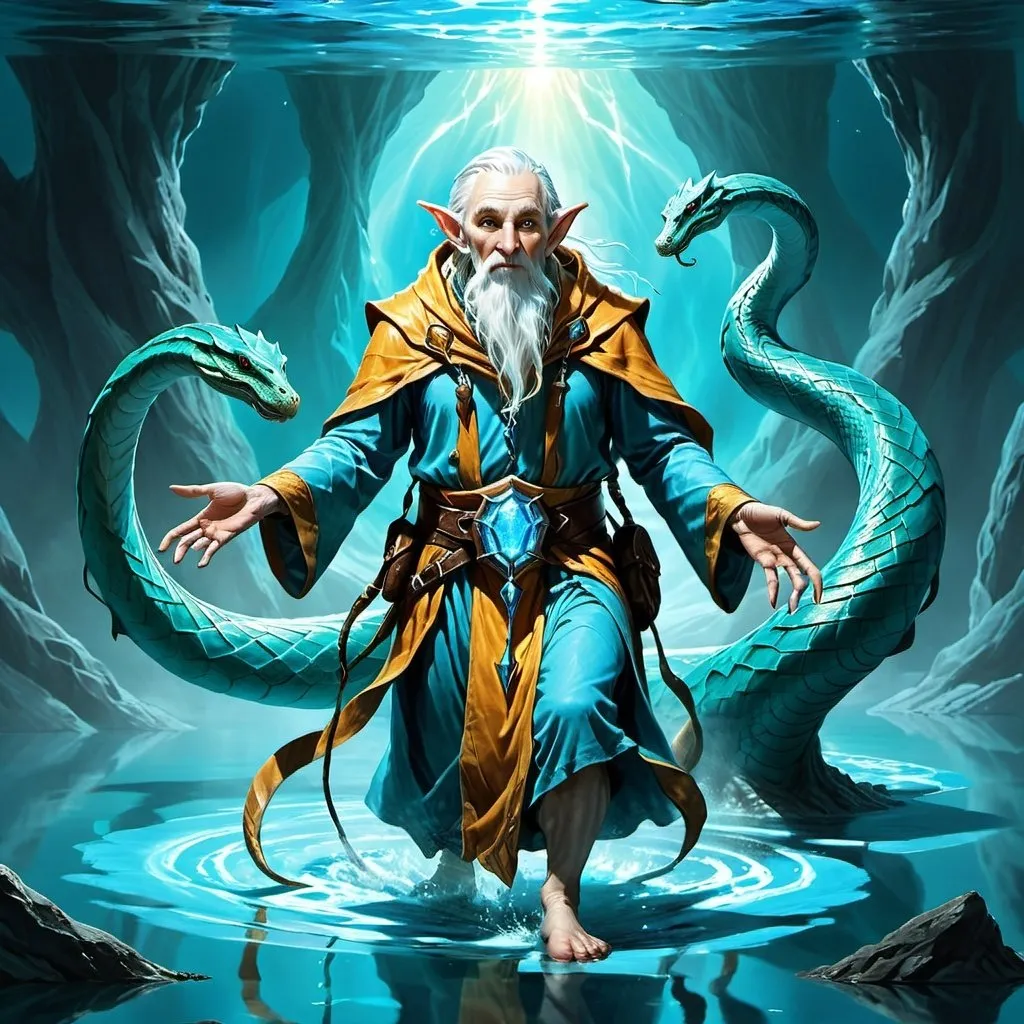 Prompt: illustration of an old elf cleric walking on the water of a glowing blue lake, surrounded by the god of all pythons