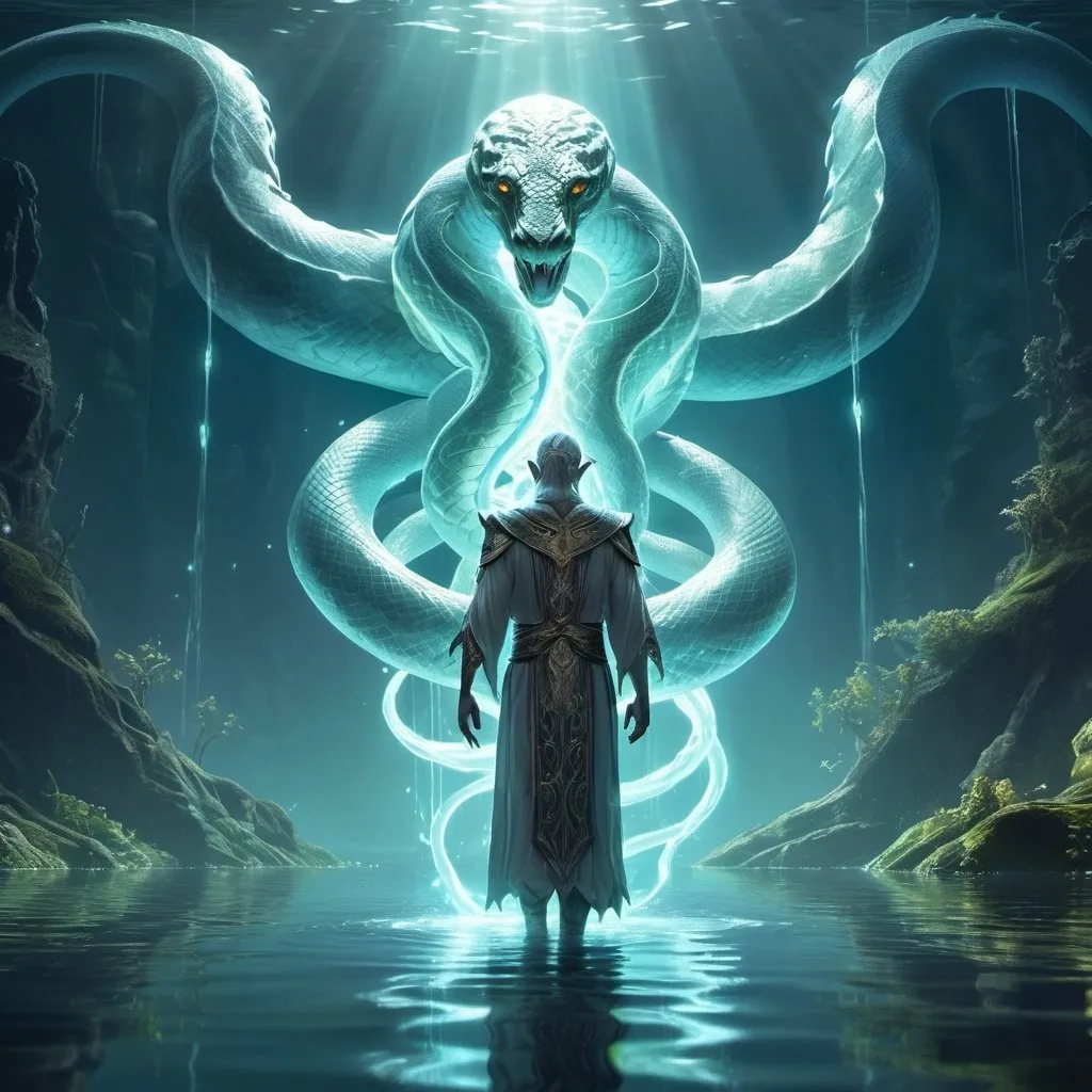 Prompt: Ethereal glowing lake, elf cleric walking on water, god of all pythons writhing restless in the water, mystical atmosphere, detailed character design, high fantasy, radiant lighting, surreal, mystical, 4k, ultra-detailed, fantasy, ethereal, detailed character, glowing lake, god of all pythons, radiant lighting, surreal, mystical