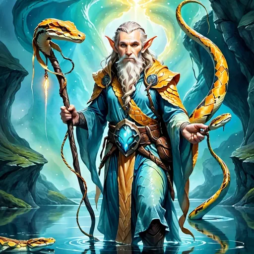 Prompt: Detailed illustration of an old elf cleric holding the staff of python, walking on glowing blue lake, surrounded by the god of all pythons, highres, fantasy, detailed facial features, watercolor painting, ethereal glow, mythical creatures, ancient aura, serene atmosphere, vibrant colors, majestic lighting