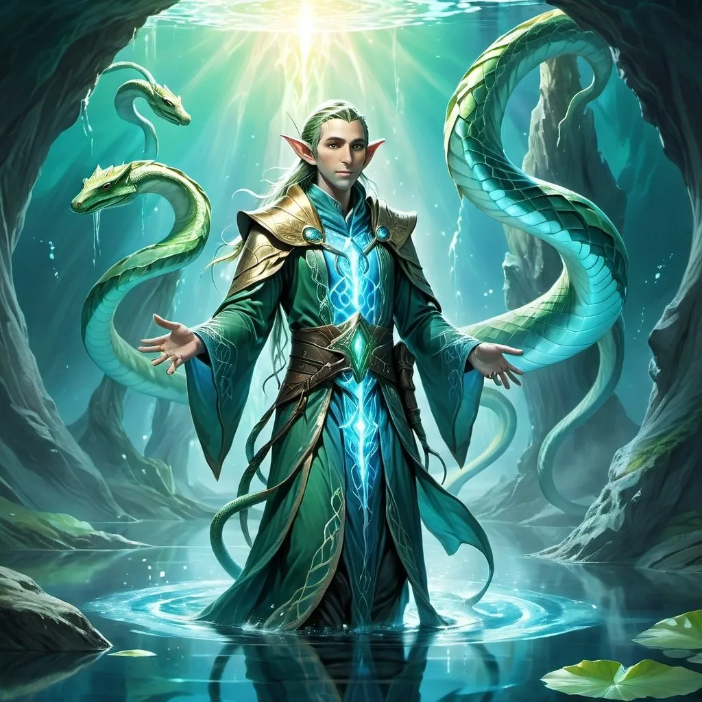 Prompt: illustration of an elf cleric walking on the water of a glowing blue lake, surrounded by the god of all pythons, mystical aura, detailed elven features, ethereal lighting, highres, detailed characters, fantasy, anime, glowing blue lake, god of all pythons, mystical, ethereal, clerical robes, serene expression, divine presence, detailed surroundings, mystical landscape