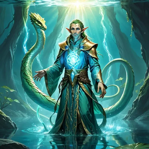 Prompt: illustration of an elf cleric walking on the water of a glowing blue lake, surrounded by the god of all pythons, mystical aura, detailed elven features, ethereal lighting, highres, detailed characters, fantasy, anime, glowing blue lake, god of all pythons, mystical, ethereal, clerical robes, serene expression, divine presence, detailed surroundings, mystical landscape