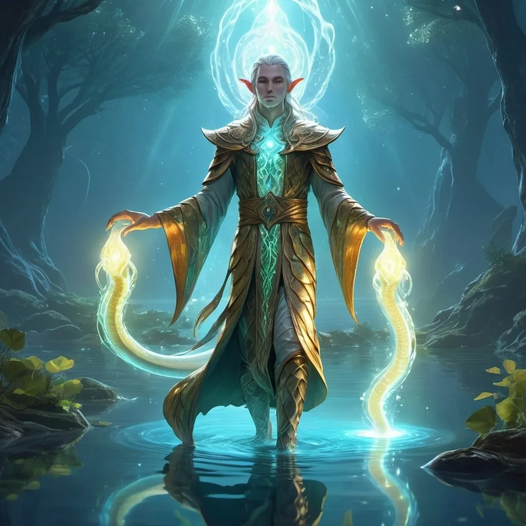 Prompt: Ethereal glowing lake, elf cleric walking on water, god of all pythons, mystical atmosphere, detailed character design, high fantasy, radiant lighting, surreal, mystical, 4k, ultra-detailed, fantasy, ethereal, detailed character, glowing lake, god of all pythons, radiant lighting, surreal, mystical