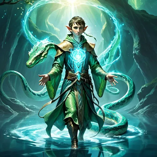 Prompt: illustration of a young elf cleric walking on the water of a glowing blue lake, surrounded by the god of all pythons, mystical aura, detailed elven features, ethereal lighting, highres, detailed characters, fantasy, anime, glowing blue lake, god of all pythons, mystical, ethereal, clerical robes, serene expression, divine presence, detailed surroundings, mystical landscape