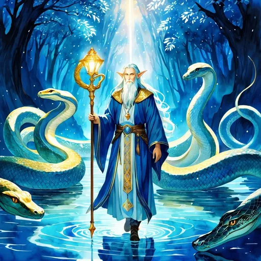 Prompt: Anime illustration of an old elf cleric holding the staff of python, walking on glowing blue lake, surrounded by the god of all pythons, highres, fantasy, detailed facial features, watercolor painting, ethereal glow, mythical creatures, ancient aura, serene atmosphere, vibrant colors, majestic lighting