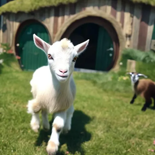 Prompt: baby goat,smiling,running,in the green hobbit village