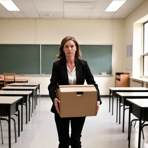 Prompt: Female teacher holding a box walking out of an empty classroom