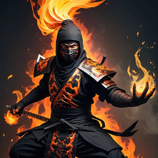 Prompt: A dark fantasy ninja with fire elemental powers.