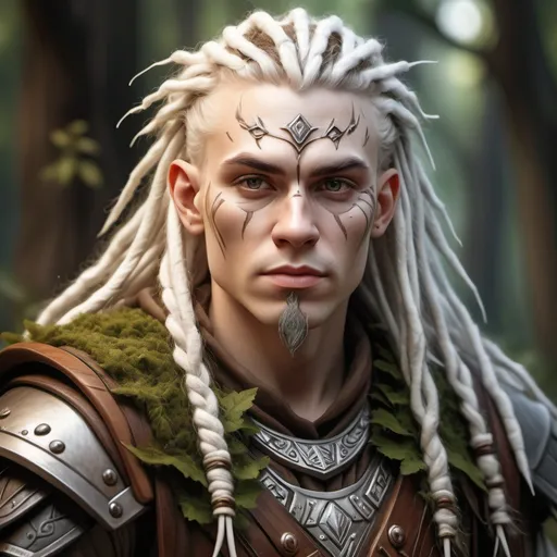 Prompt: hyper-realistic human druid character with white skin and brow dreadlock wears hide armor, fantasy character art, illustration, dnd, warm tone
