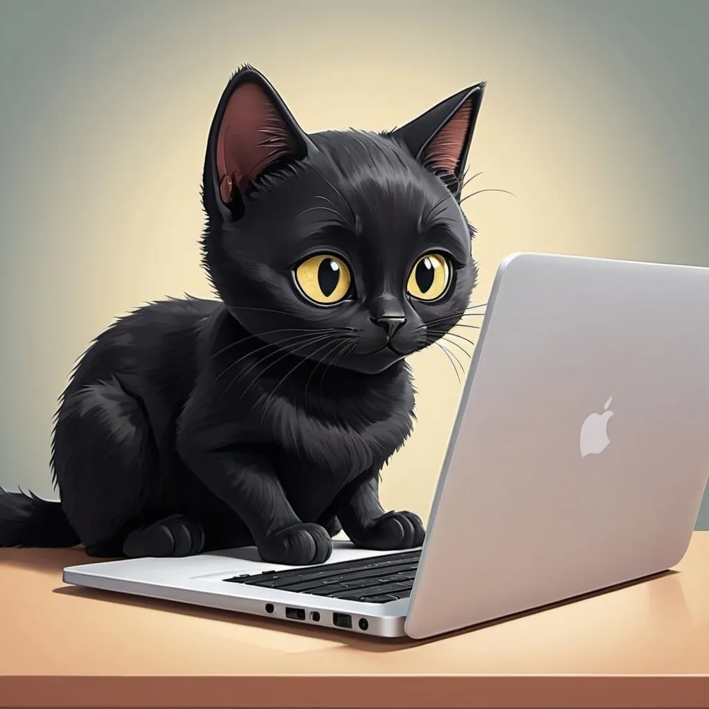 Prompt: cartoon of 
black cat on laptop