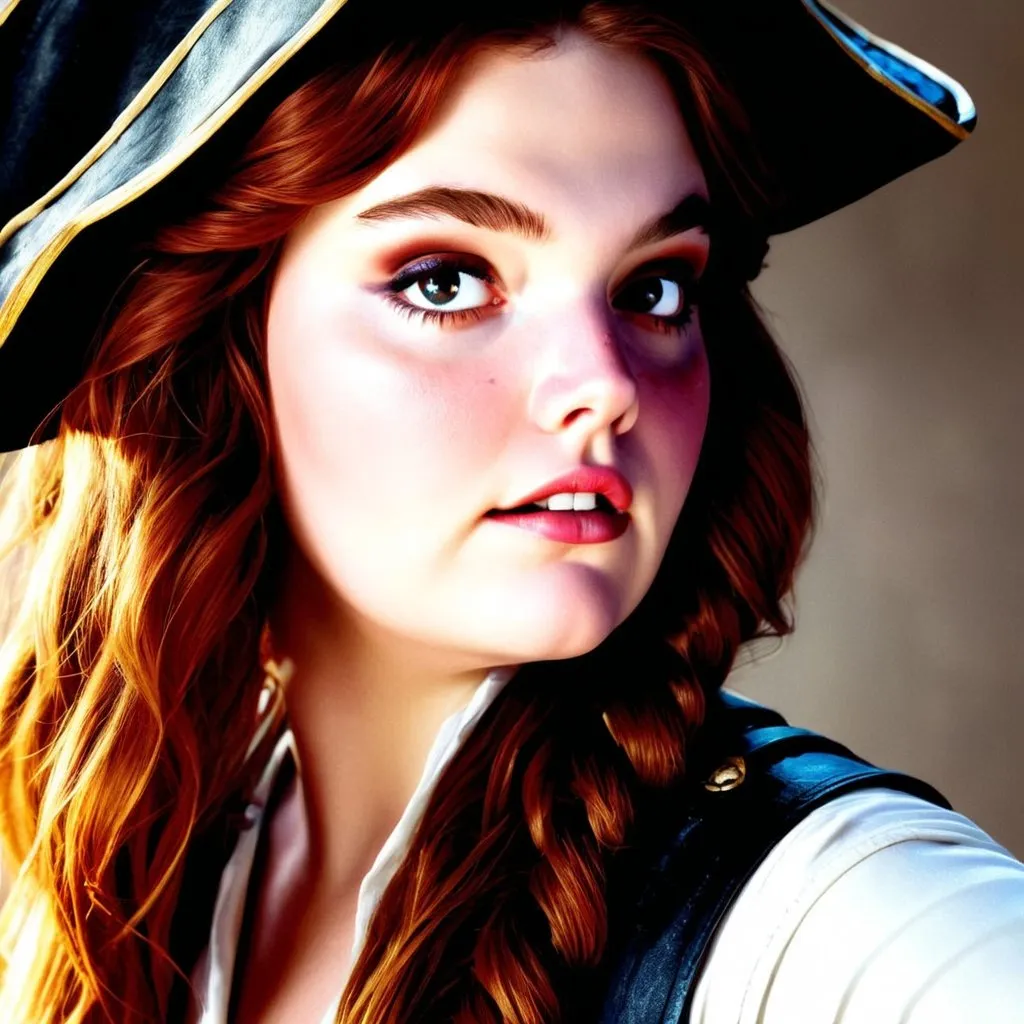 Prompt: using this womens face, make her a photorealistic pirate with captian pirate gear on her about to battle