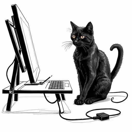Prompt: draw a black cat working at a computer connected to a art easel by a cable. draw it as a cartoon
 
