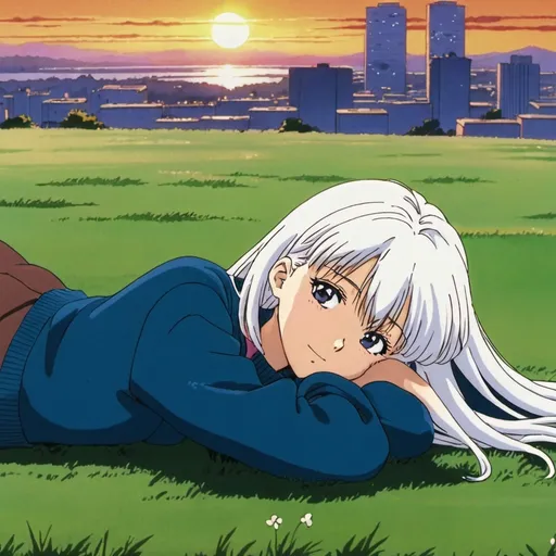 Prompt: 1990s anime screencap, a girl lying on the grass,white hair,blue sweater, sunset and city background,anime scene, very detailed,